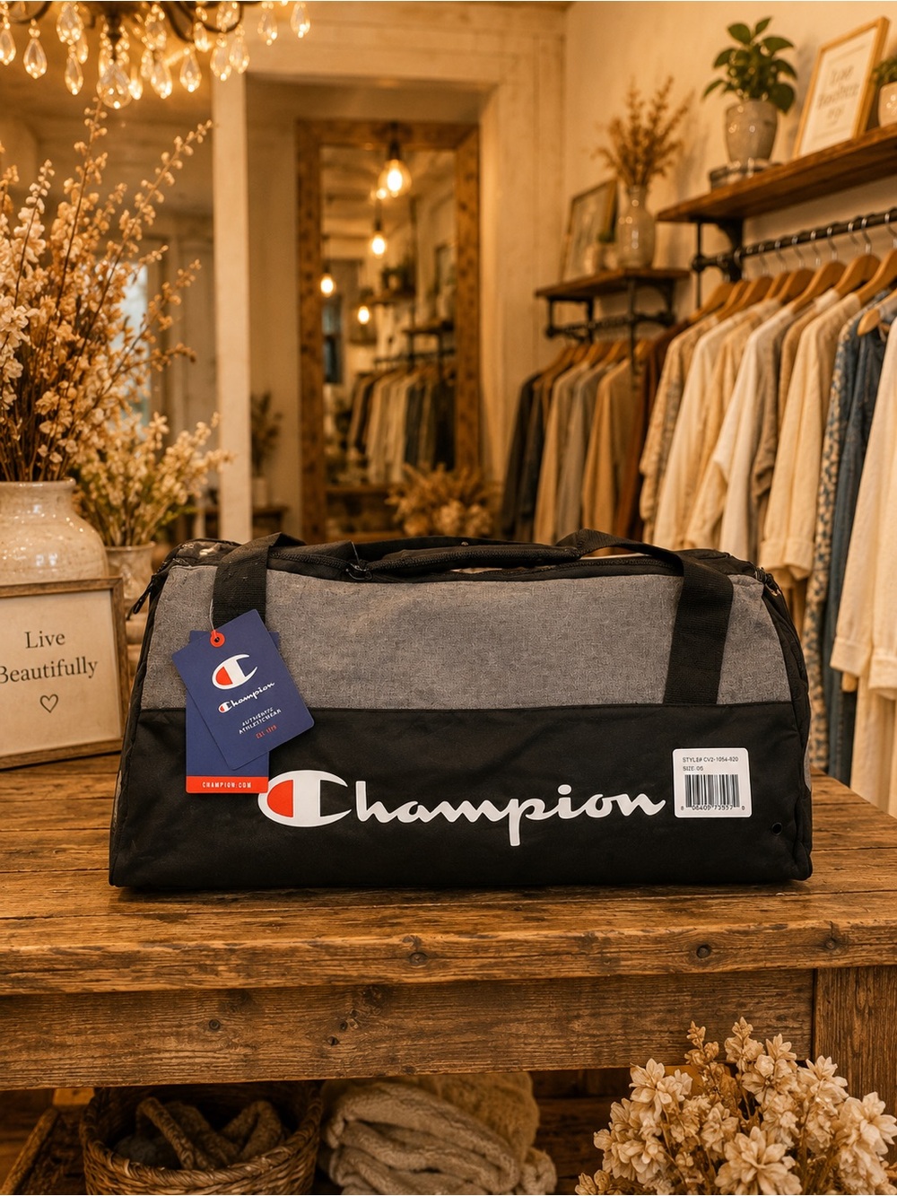 Champion Black & Gray Script Logo Duffle